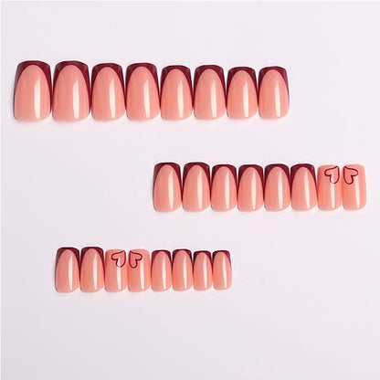 24 faux ongles Saint-Valentin à presser, French Manucure Carré Moyen