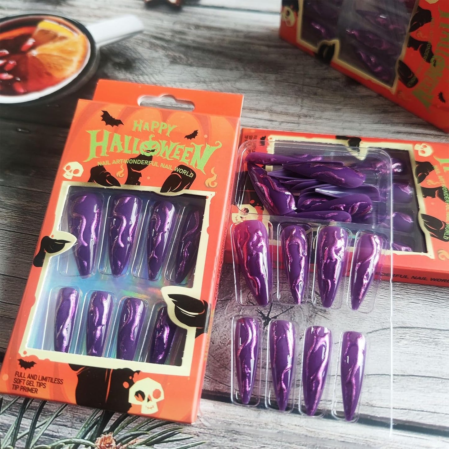 24 PCS Devil's Claws Press On Nails,3D Curve Line Acrylic False Nails