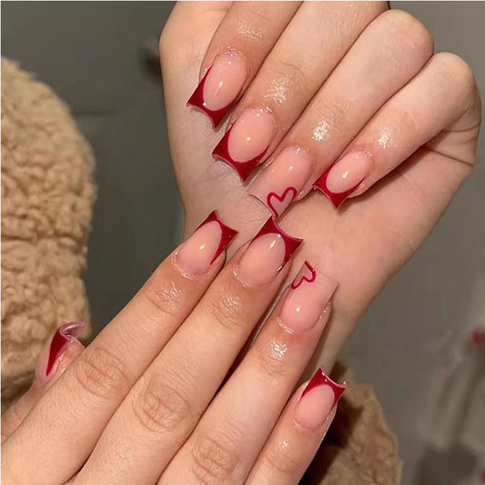 24 PCS Valentine's Day Press On Nails, French Tip Medium Square