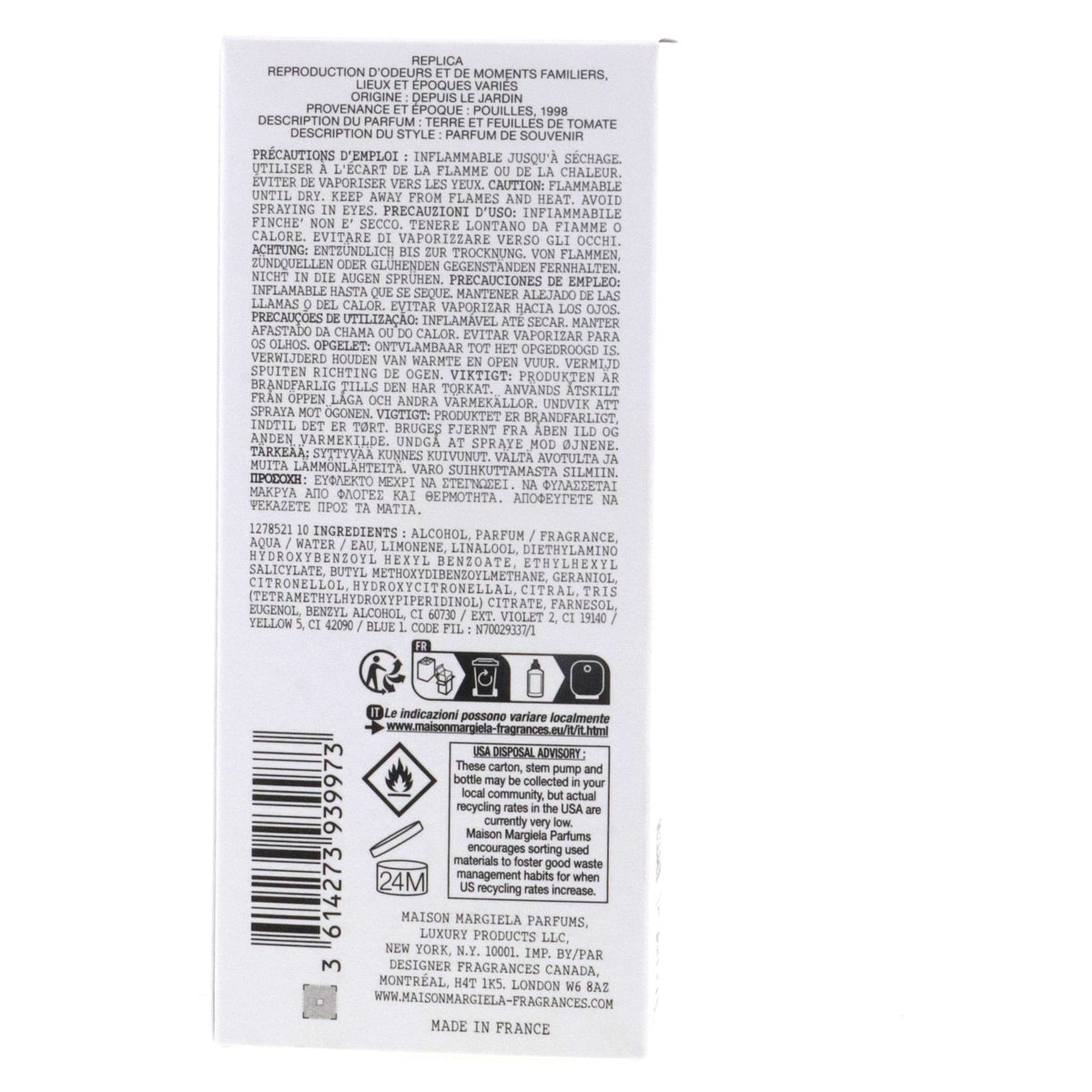 Maison Margiela Replica From the Garden EDT box back with ingredients and barcode Made in France
