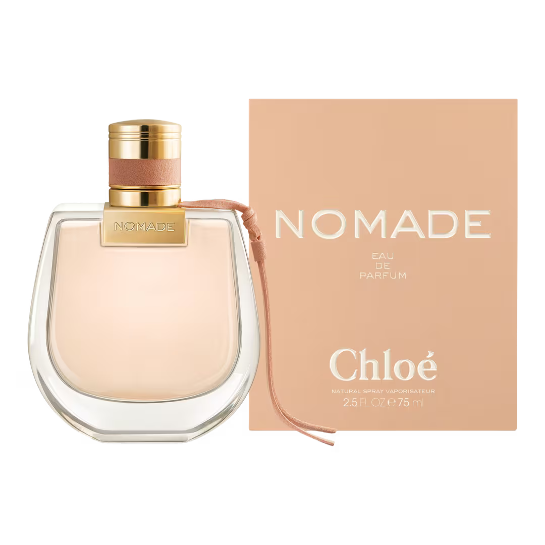 Chloé Nomade EDP 75ml 2.5 fl oz bottle with peach box showing Eau de Parfum Natural Spray Vaporisateur