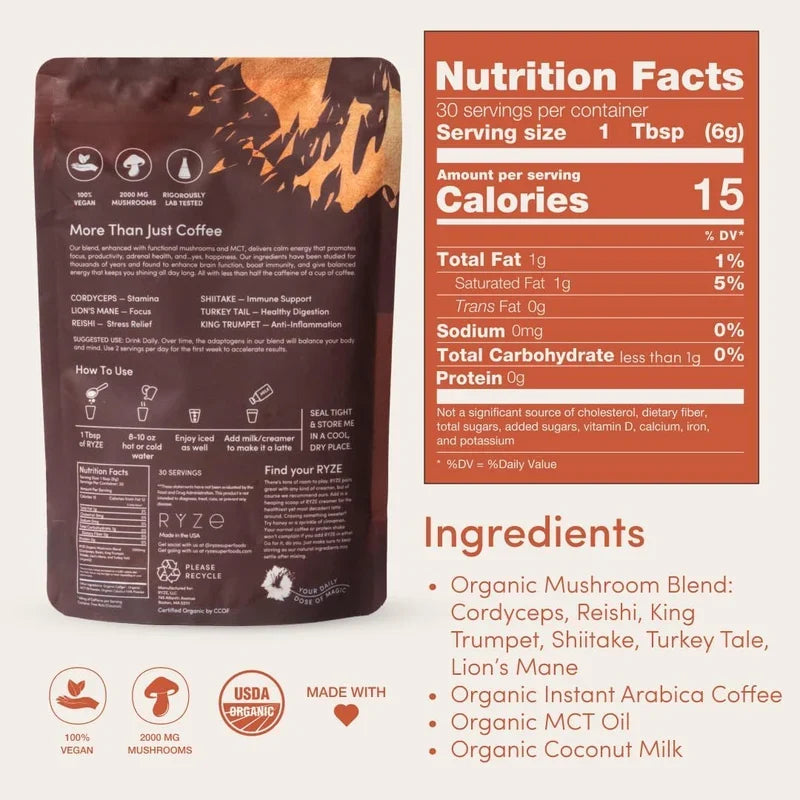 RYZE Mushroom Coffee 30 Servings Organic
