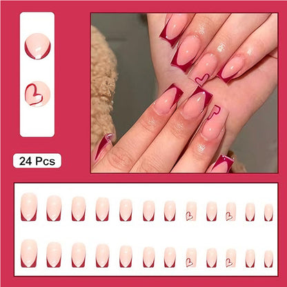 24 faux ongles Saint-Valentin à presser, French Manucure Carré Moyen