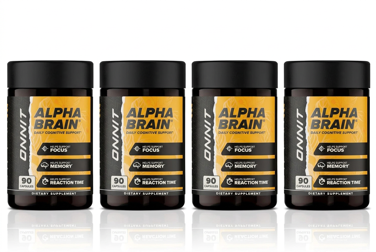 Four Alpha Brain bottles in a row on a white background