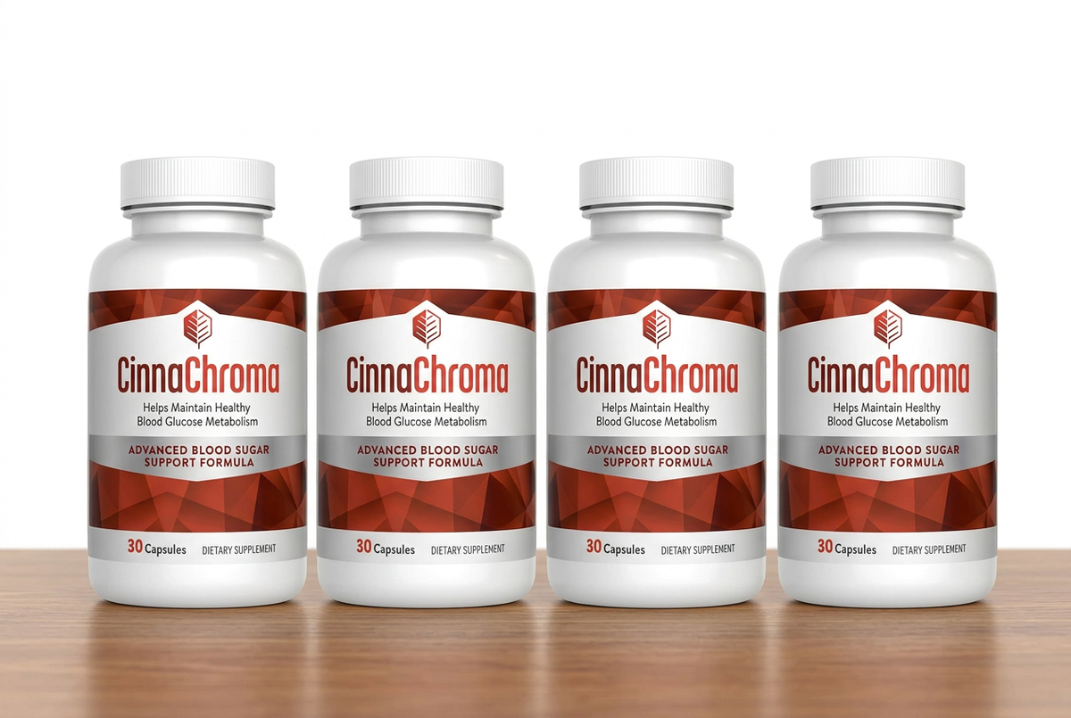 Four CinnaChroma bottles in a row on a white background