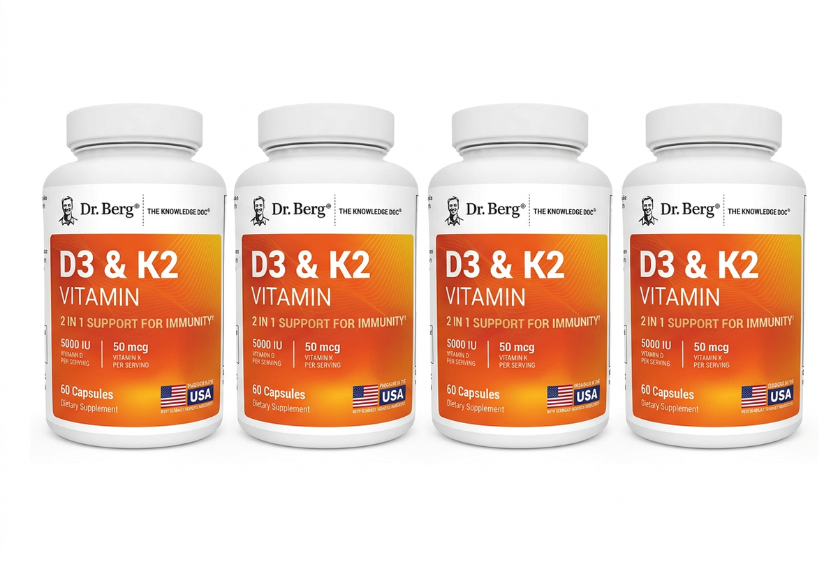 Four Dr. Berg D3 & K2 bottles in a row on a white background