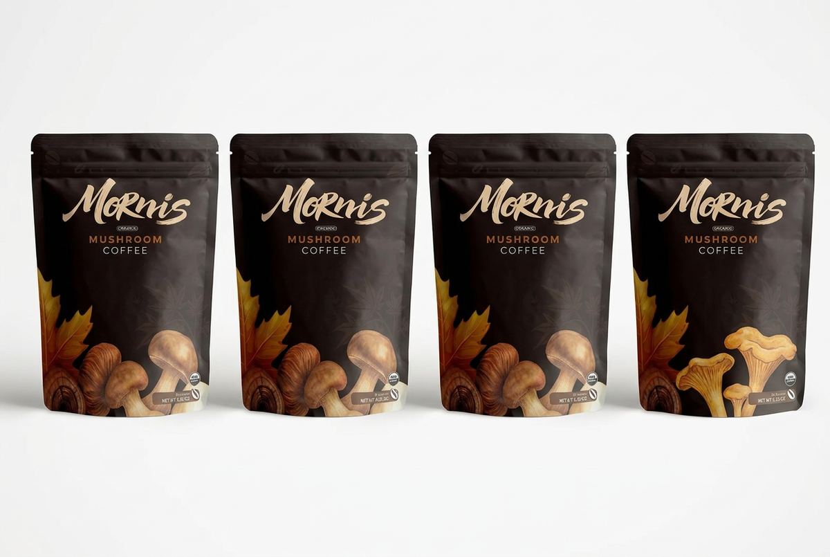 Four Mornis Mushroom Coffee pouches in a row on a white background