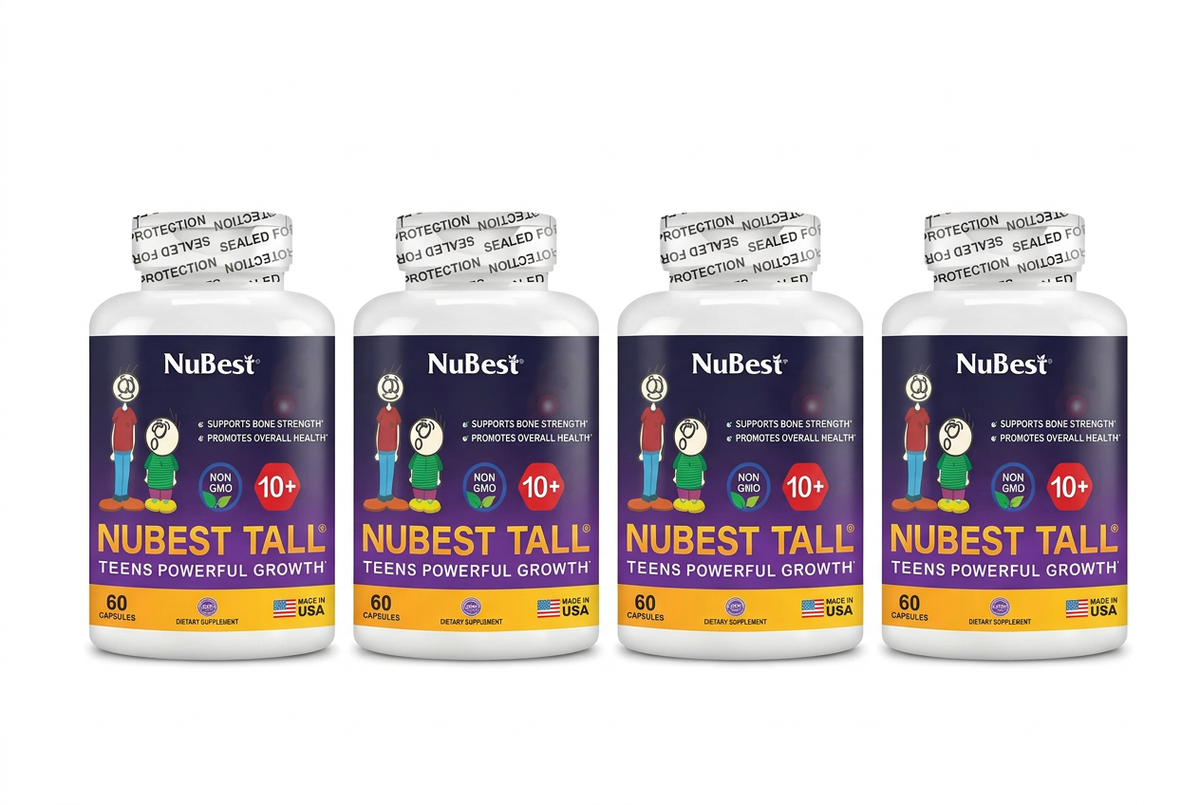 Four NuBest Tall bottles in a row on a white background