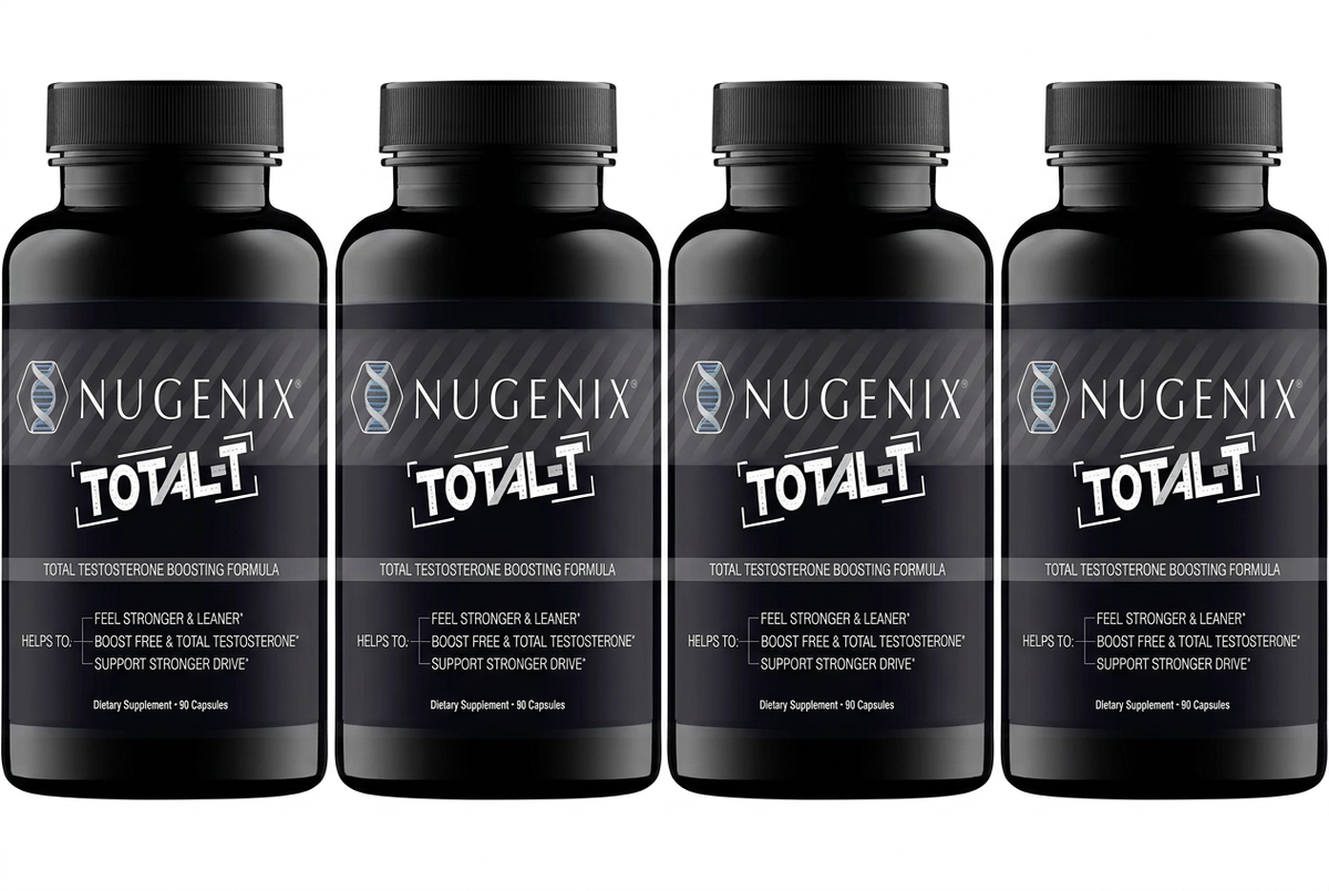Four Nugenix Total-T bottles in a row on a white background