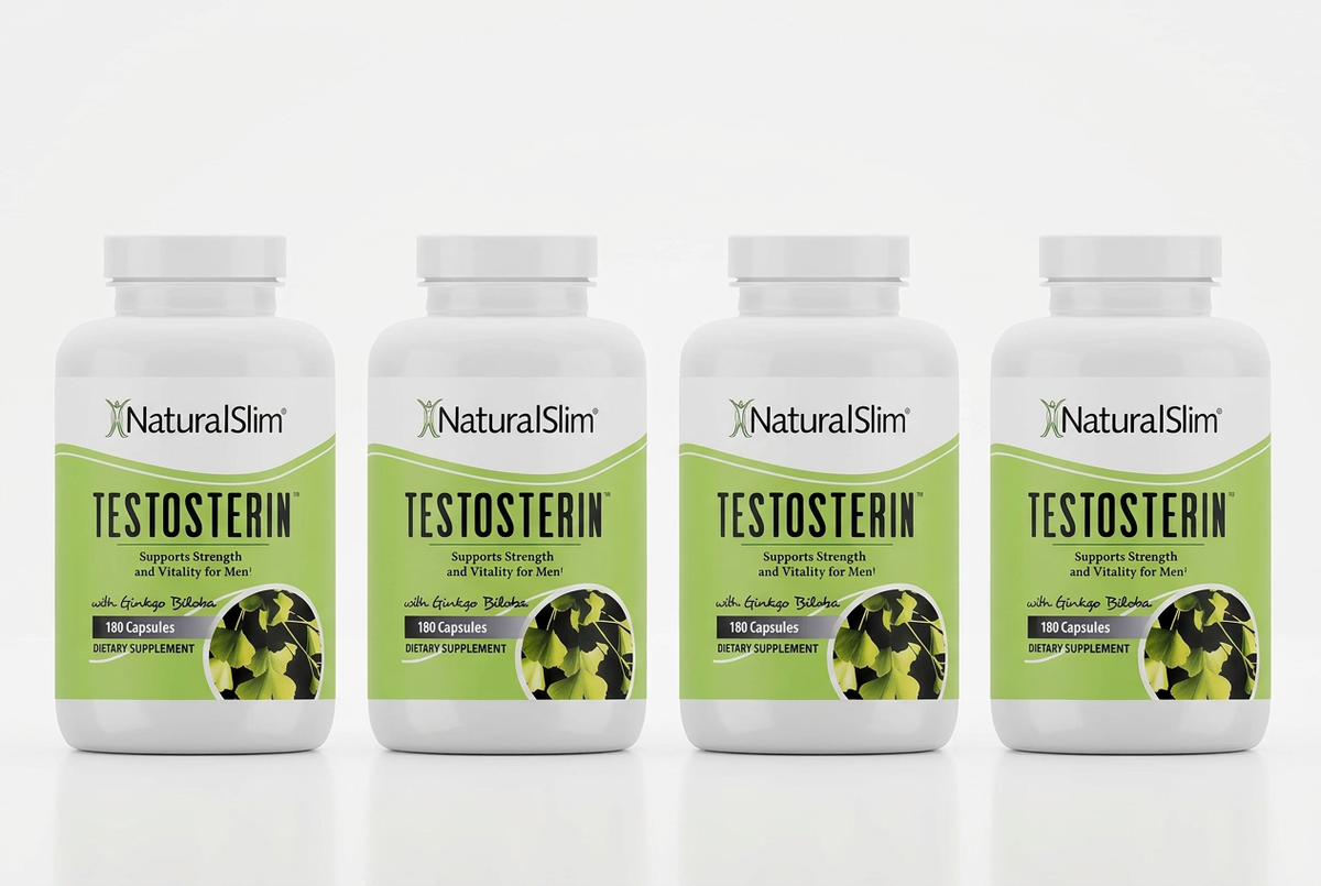 Four separate NaturalSlim Testosterin bottles in a row on a white background