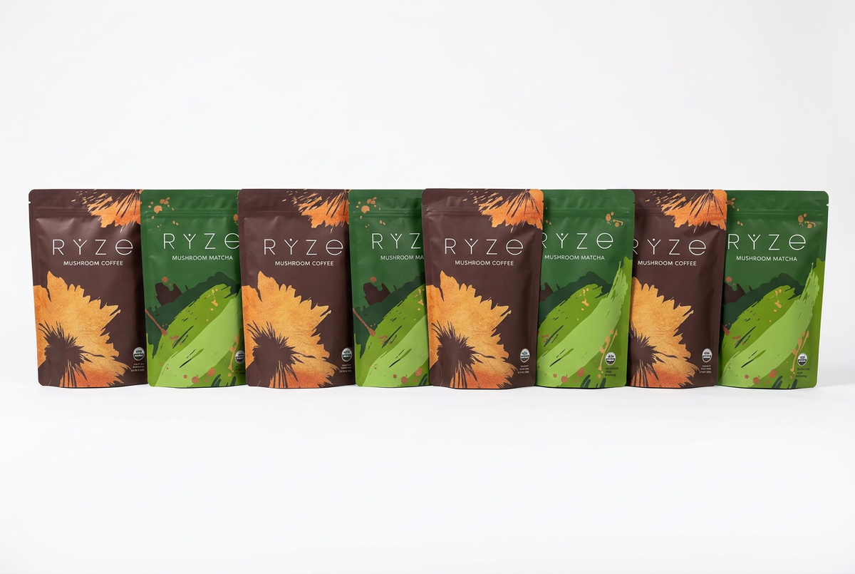 Four sets of RYZE coffee and matcha pouches on a white background
