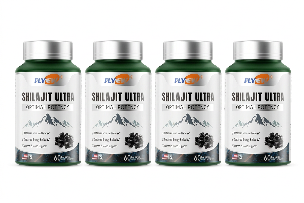 Four Shilajit Ultra bottles in a row on a white background