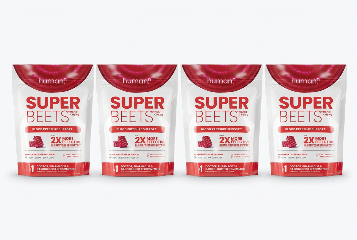 Four Super Beets Heart Chews pouches in a row on a white background