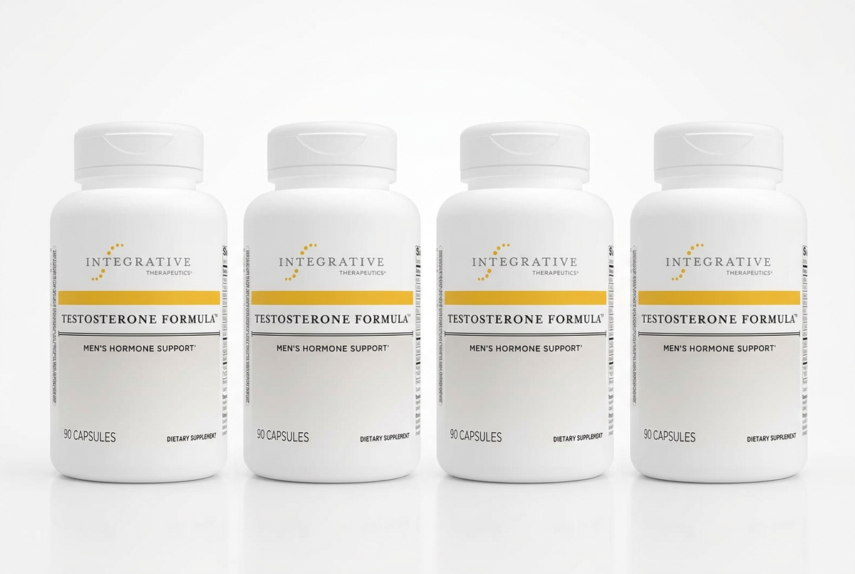 Four Testosterone Formula bottles in a row on a white background