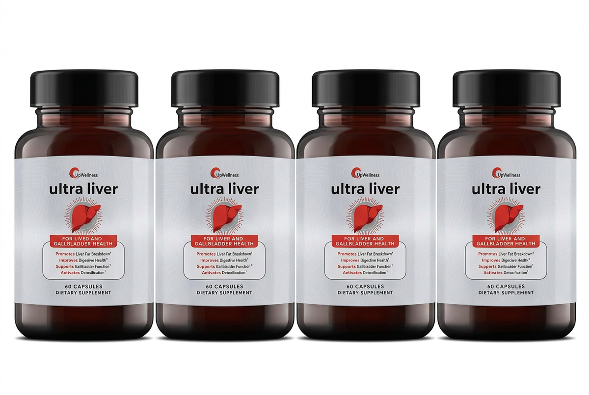 Four Ultra Liver bottles in a row on a white background