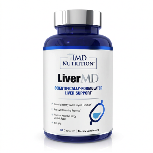 One 1MD LiverMD bottle on a white background