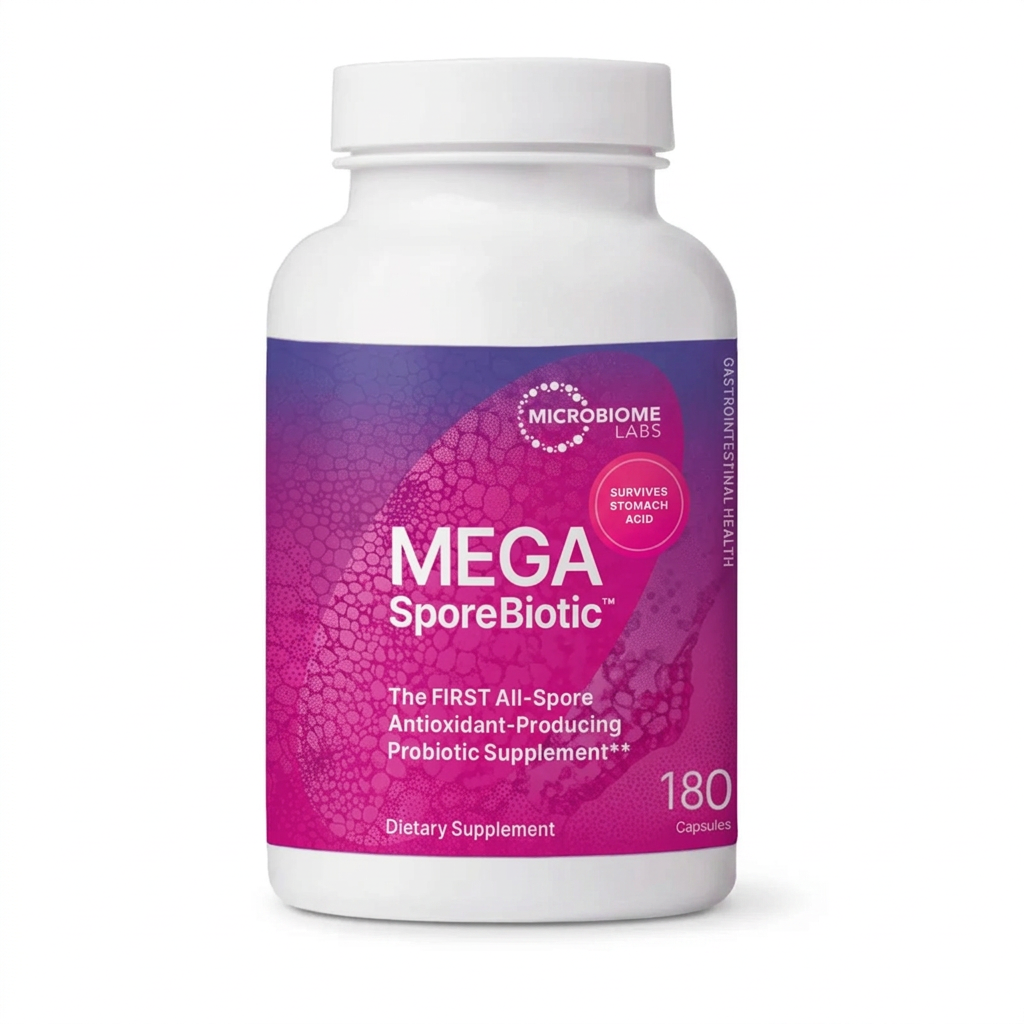 One MegaSporeBiotic bottle on a white background