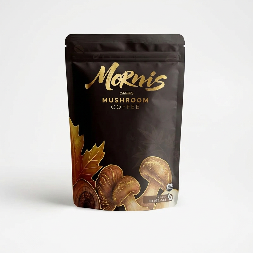One Mornis Mushroom Coffee pouch on a white background