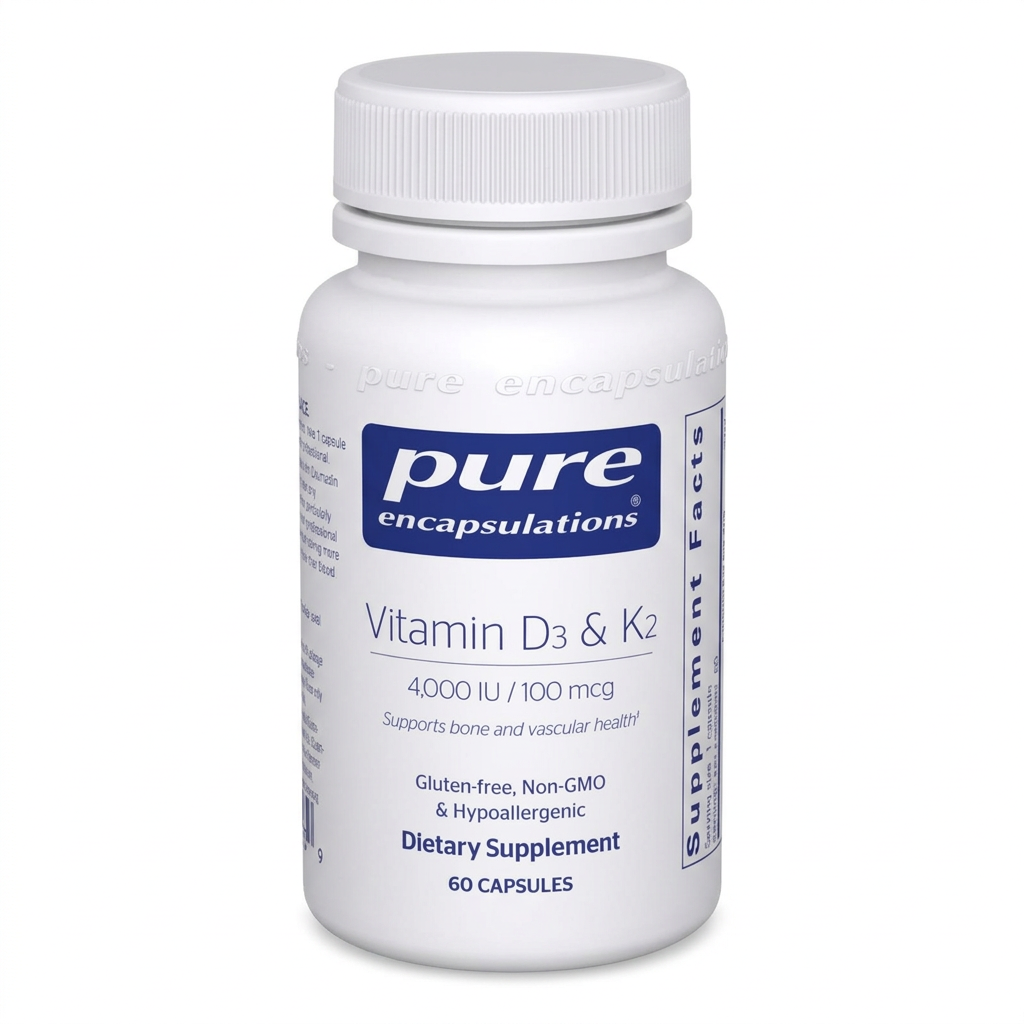 One Pure Encapsulations Vitamin D3 & K2 bottle on a white background