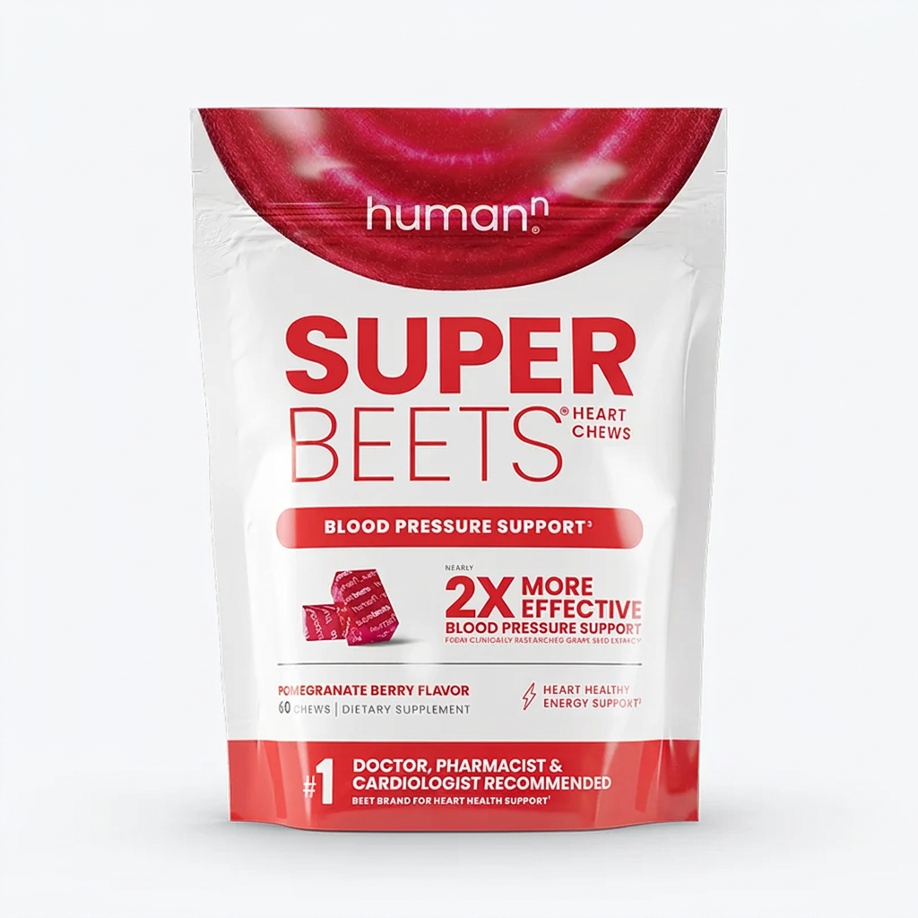 One Super Beets Heart Chews pouch on a white background