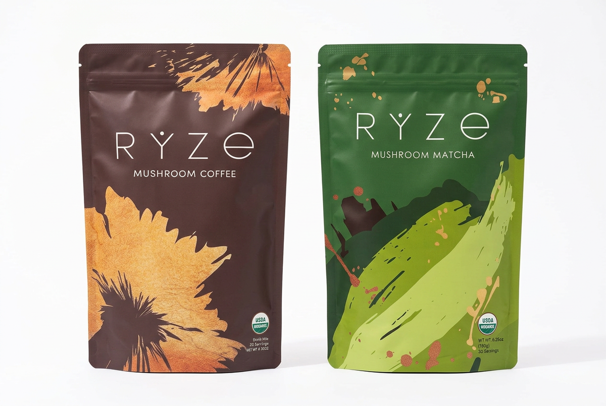 RYZE Mushroom Coffee and Mushroom Matcha pouches together on a white background