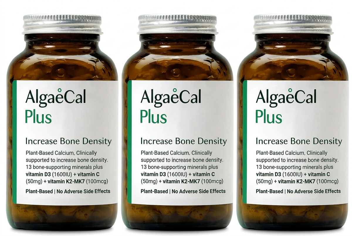 Three AlgaeCal Plus bottles in a row on a white background