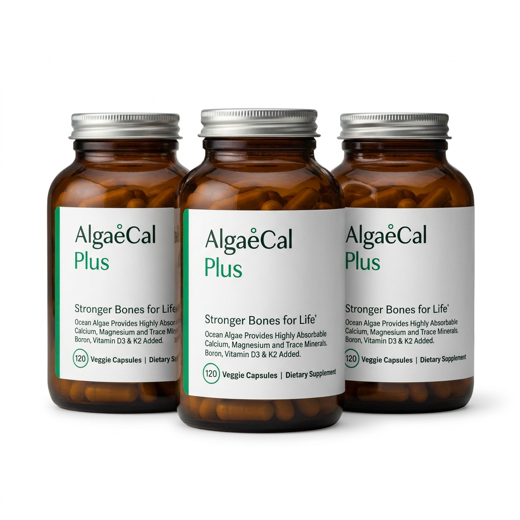 Three AlgaeCal Plus jars on a white background