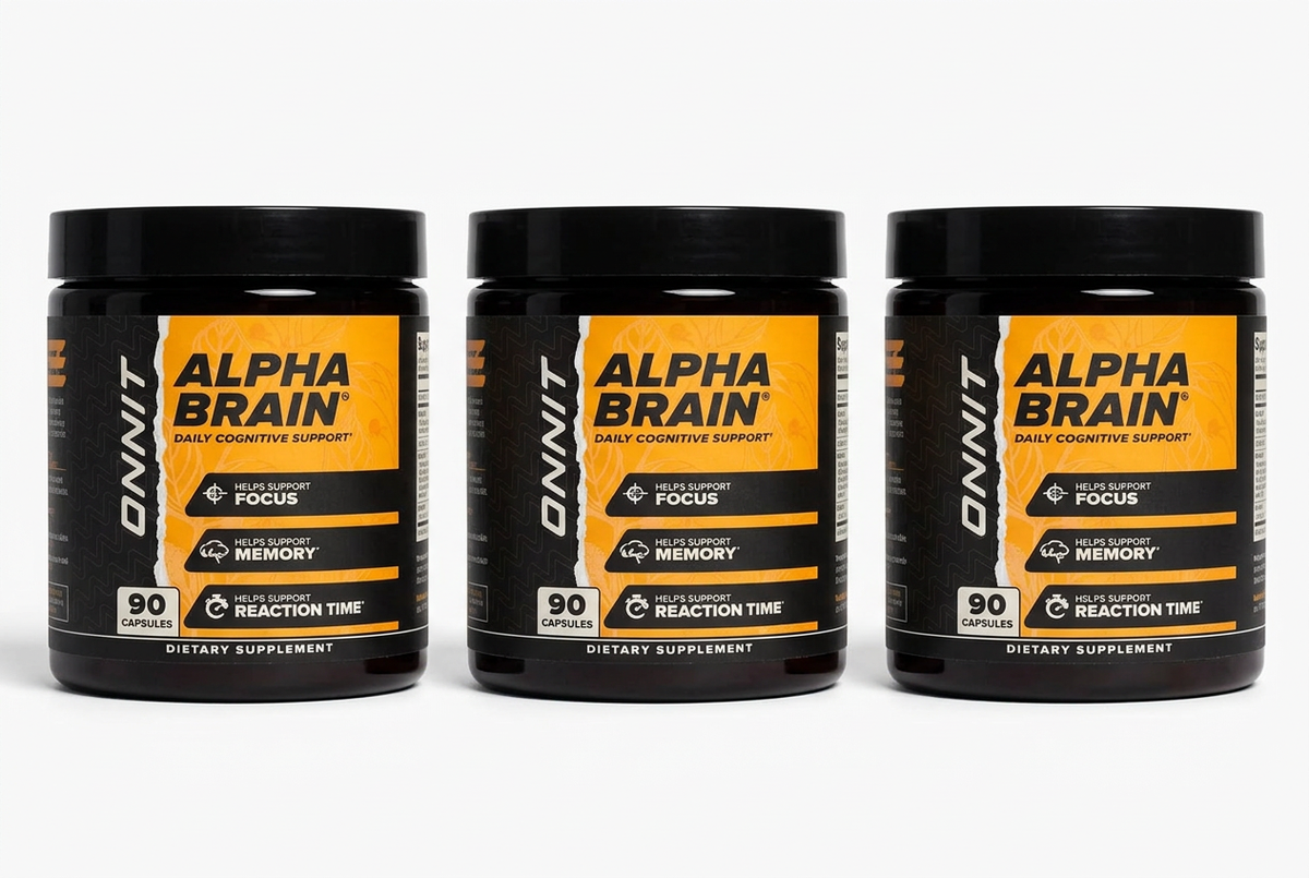 Three Alpha Brain jars in a row on a white background