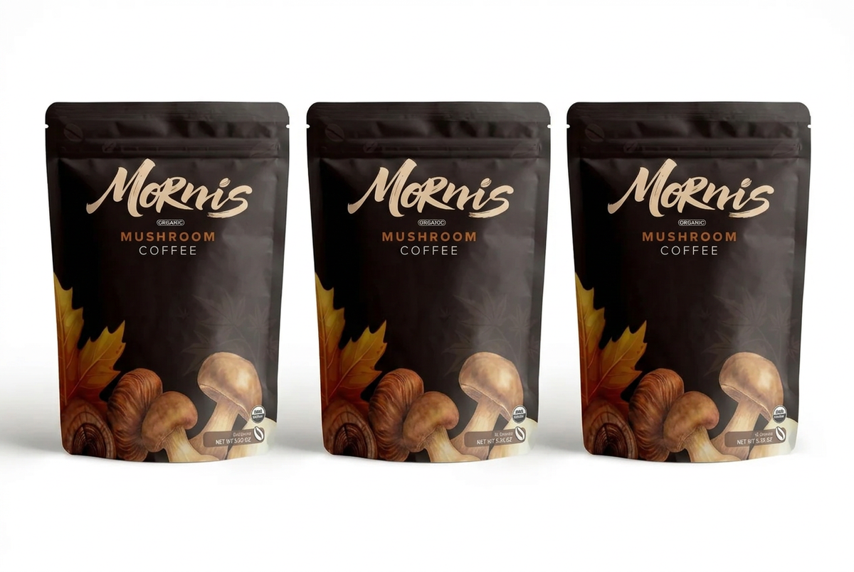 Three Mornis Mushroom Coffee pouches in a row on a white background