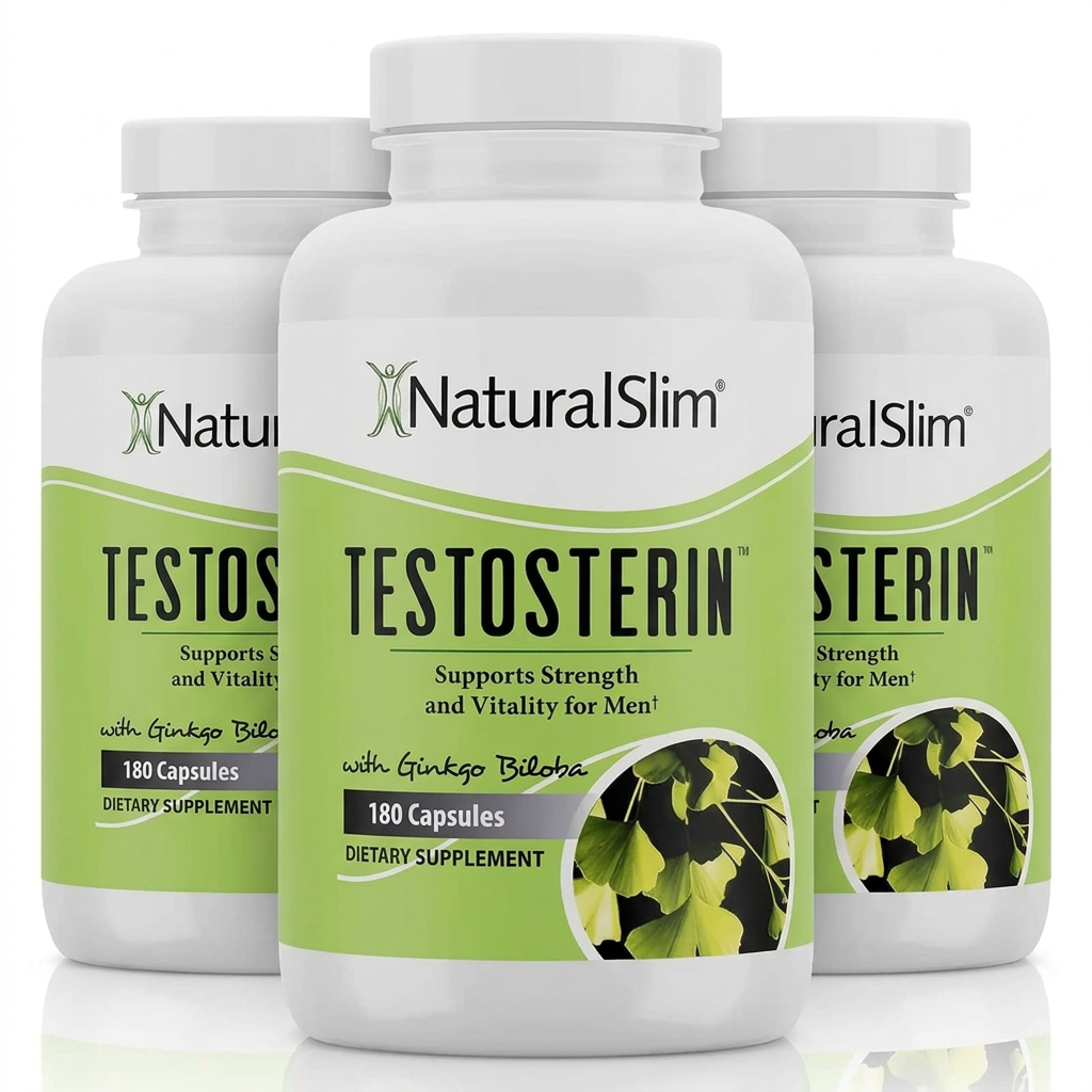 Three NaturalSlim Testosterin bottles on a white background
