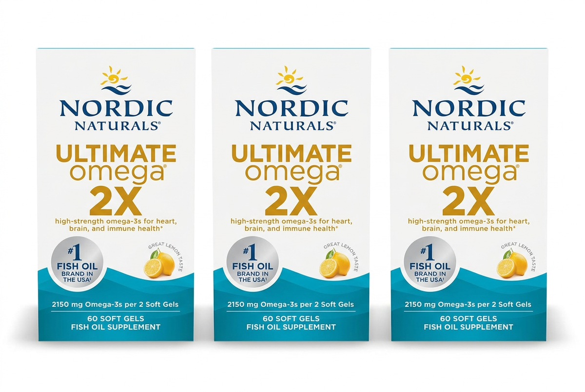 Three Nordic Naturals Ultimate Omega 2X boxes in a row on a white background