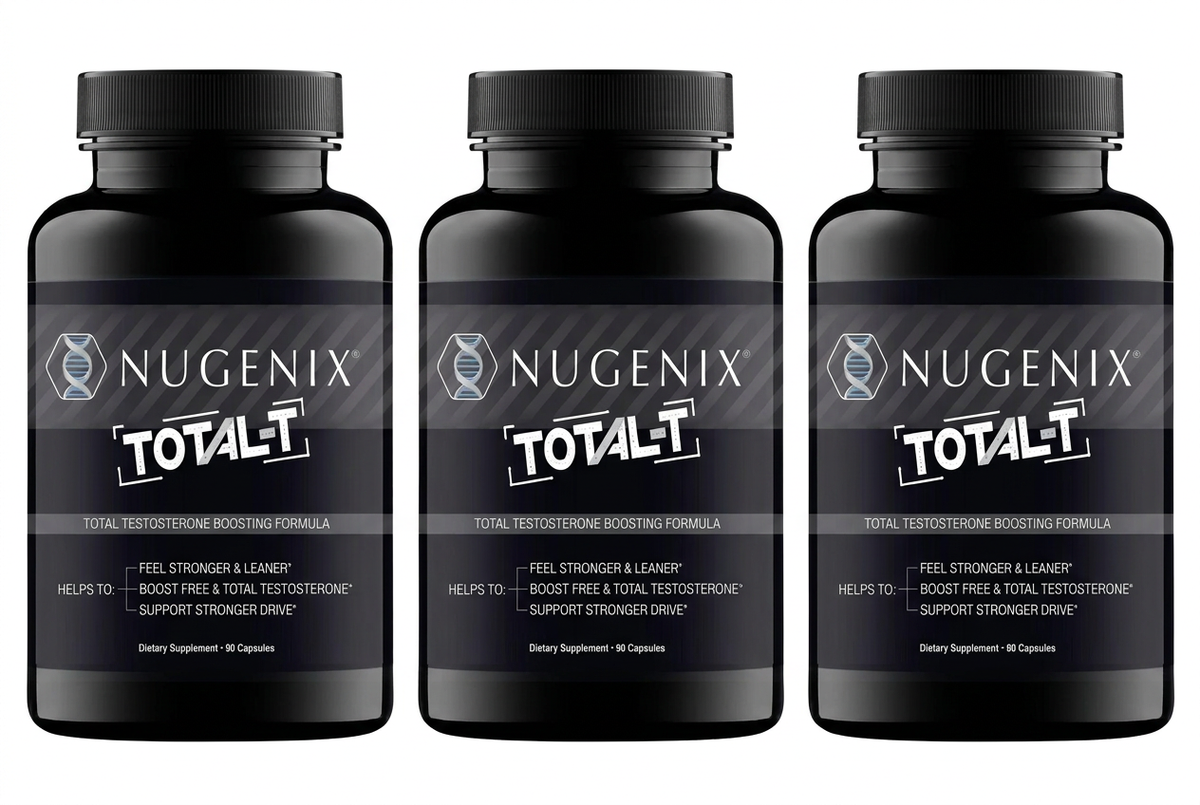 Three Nugenix Total-T bottles in a row on a white background