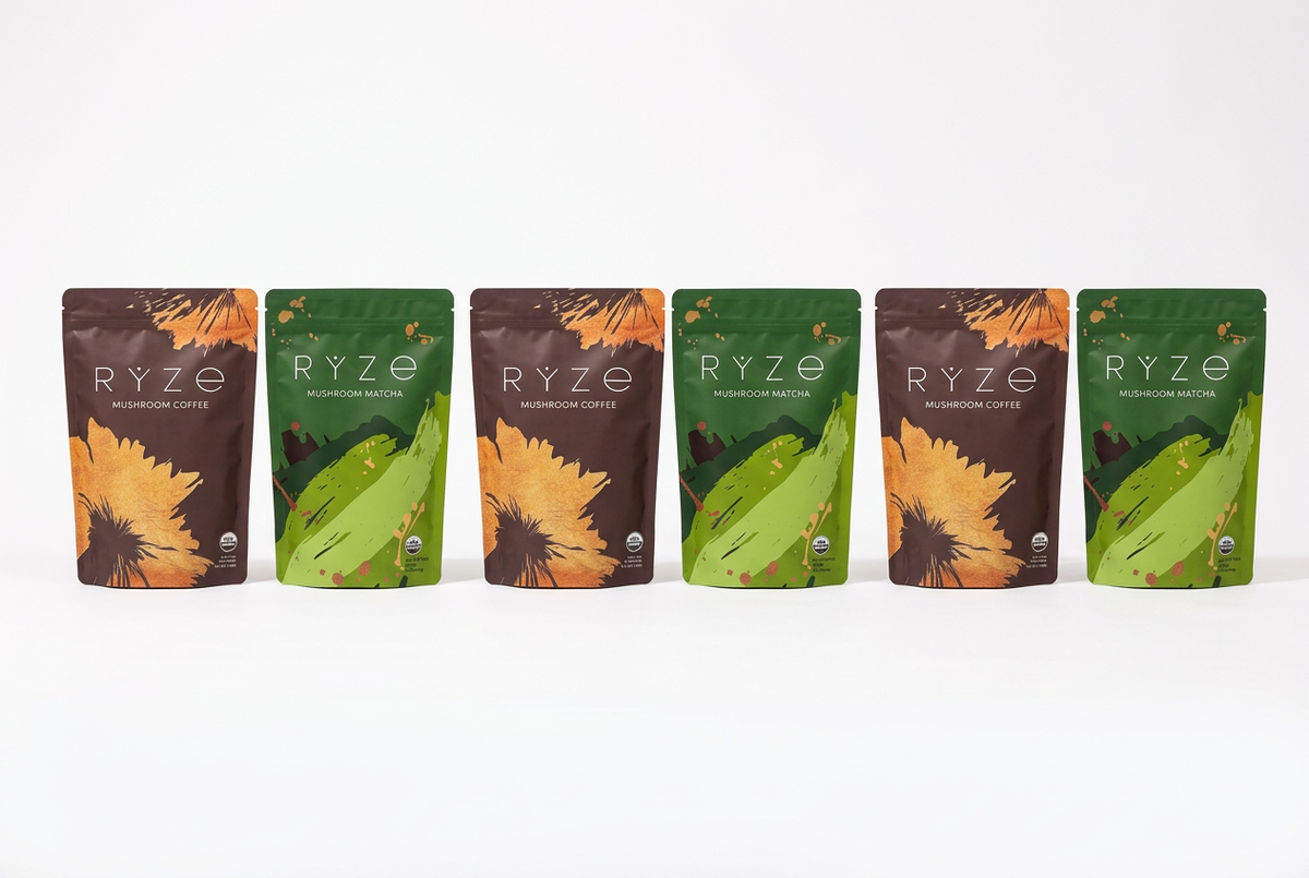 Three sets of RYZE coffee and matcha pouches on a white background