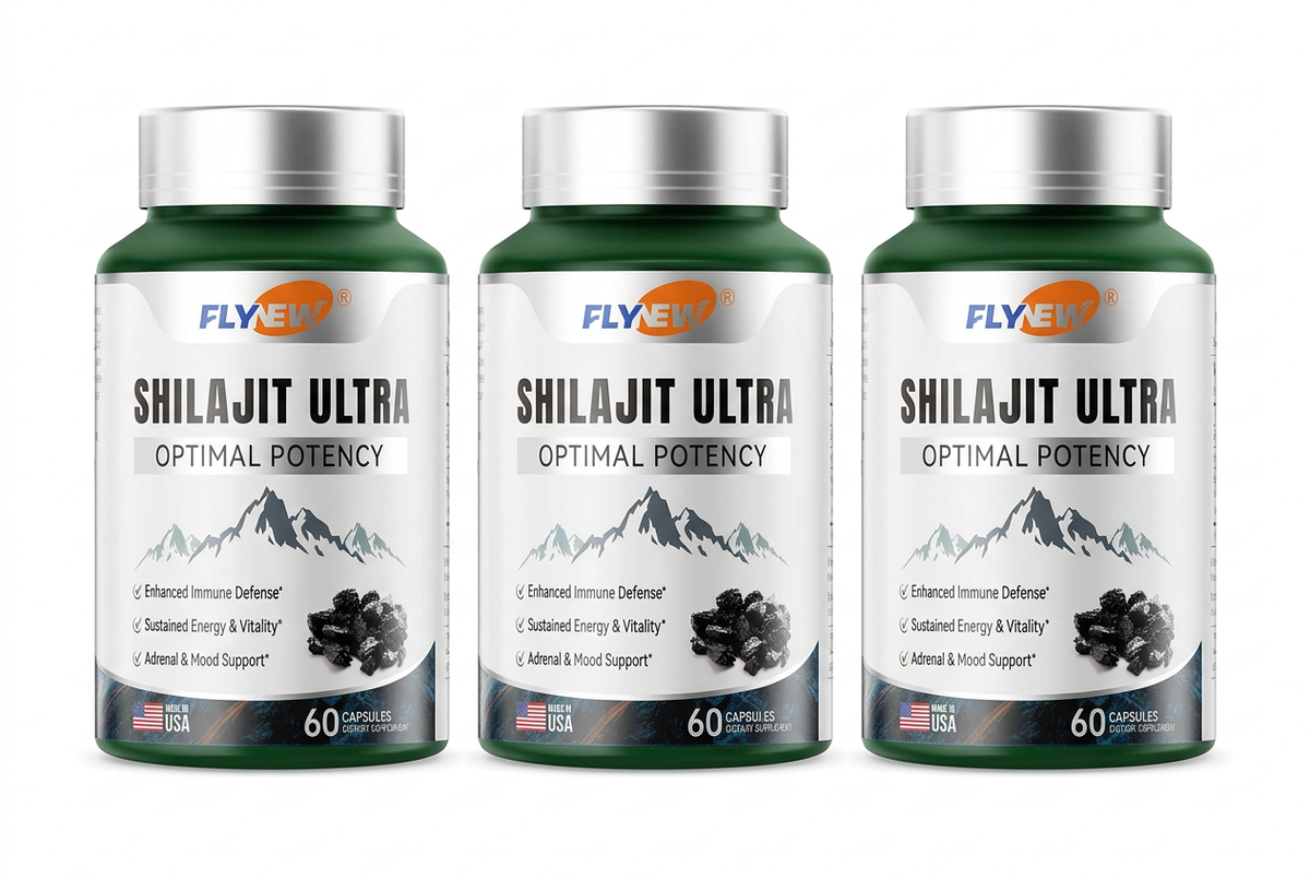 Three Shilajit Ultra bottles in a row on a white background