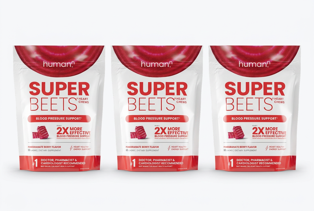 Three Super Beets Heart Chews pouches in a row on a white background
