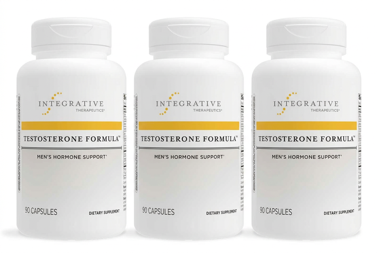 Three Testosterone Formula bottles in a row on a white background
