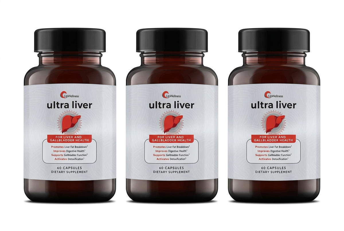 Three Ultra Liver bottles in a row on a white background