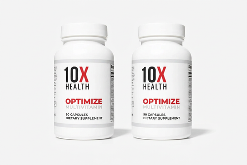 Two 10X Health Optimize bottles side by side on a white background