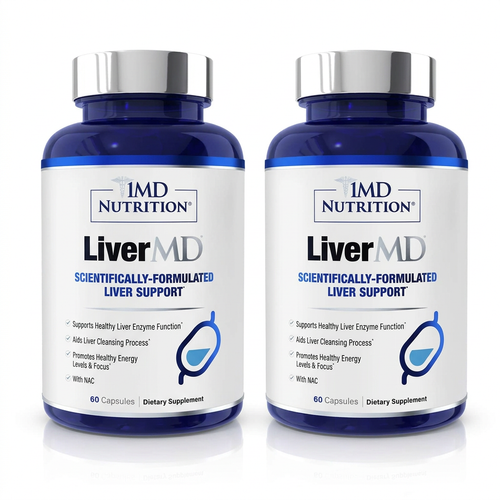 Two 1MD LiverMD bottles on a white background