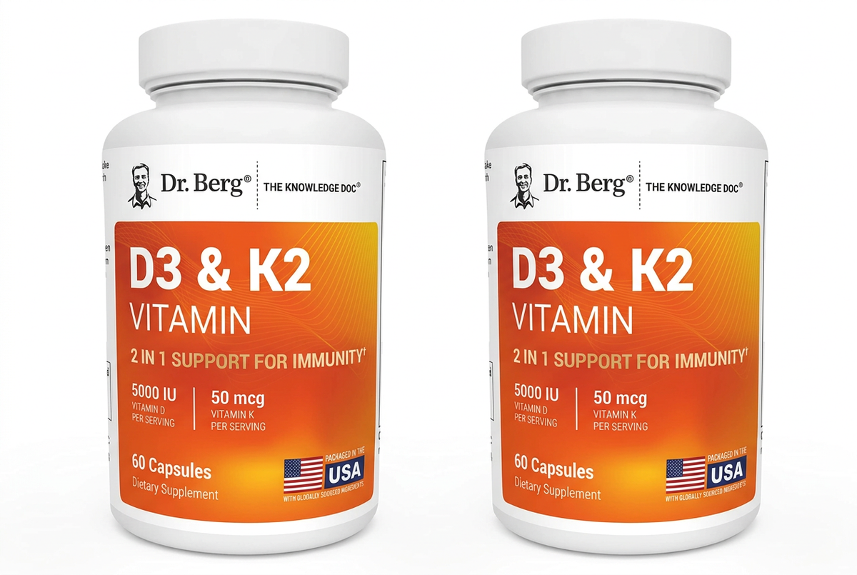 Two Dr. Berg D3 & K2 bottles side by side on a white background