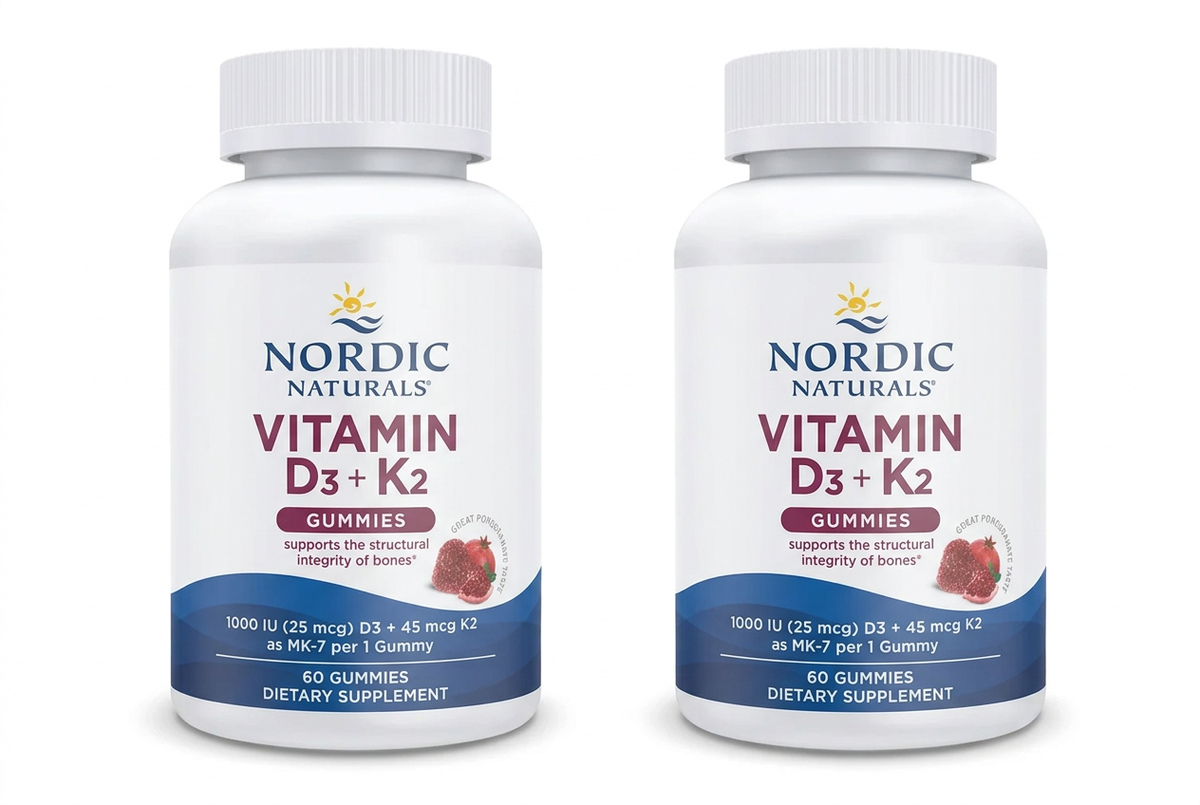 Two Nordic Naturals Vitamin D3 + K2 Gummies bottles side by side on a white background