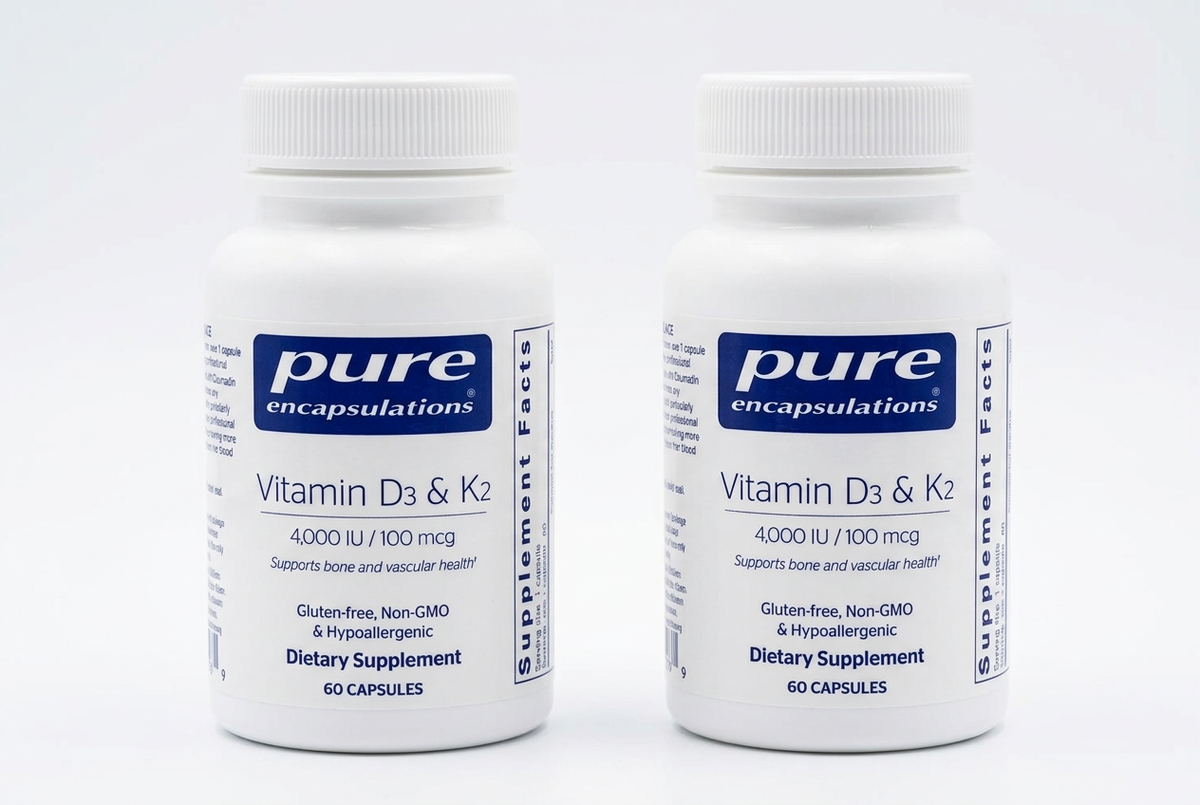 Two Pure Encapsulations Vitamin D3 & K2 bottles side by side on a white background