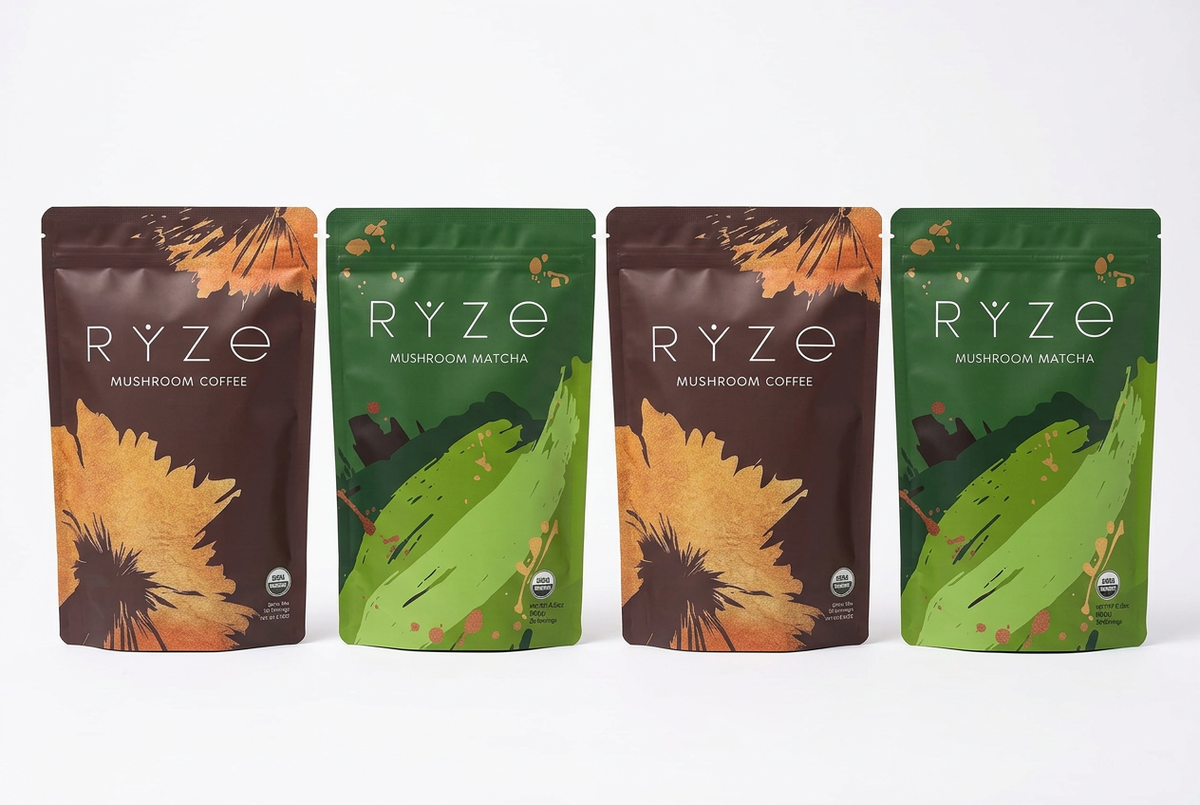 Two sets of RYZE coffee and matcha pouches on a white background