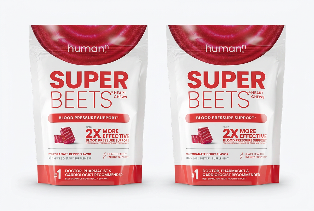 Two Super Beets Heart Chews pouches side by side on a white background